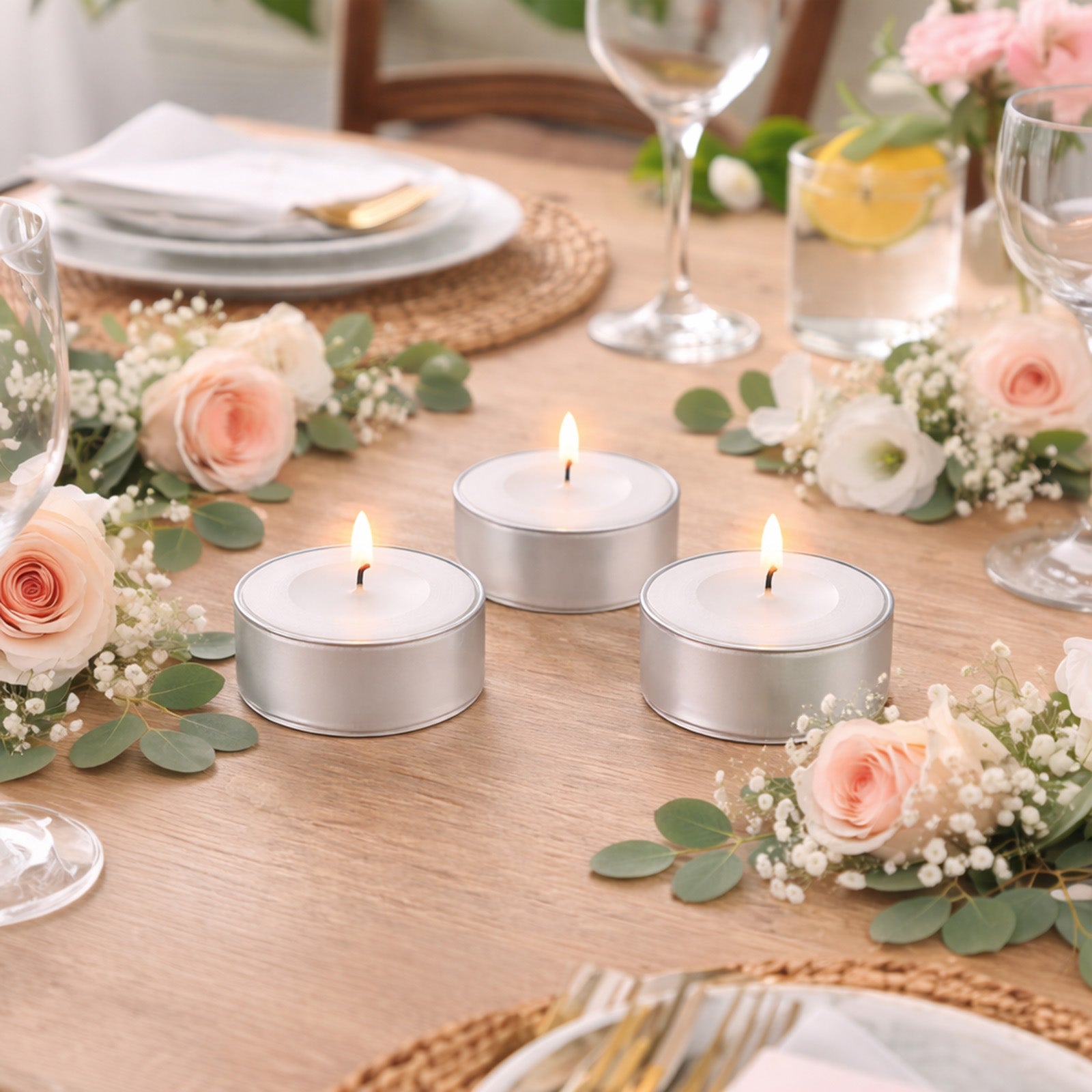 White tealight candles in metal cups on a table with flowers.