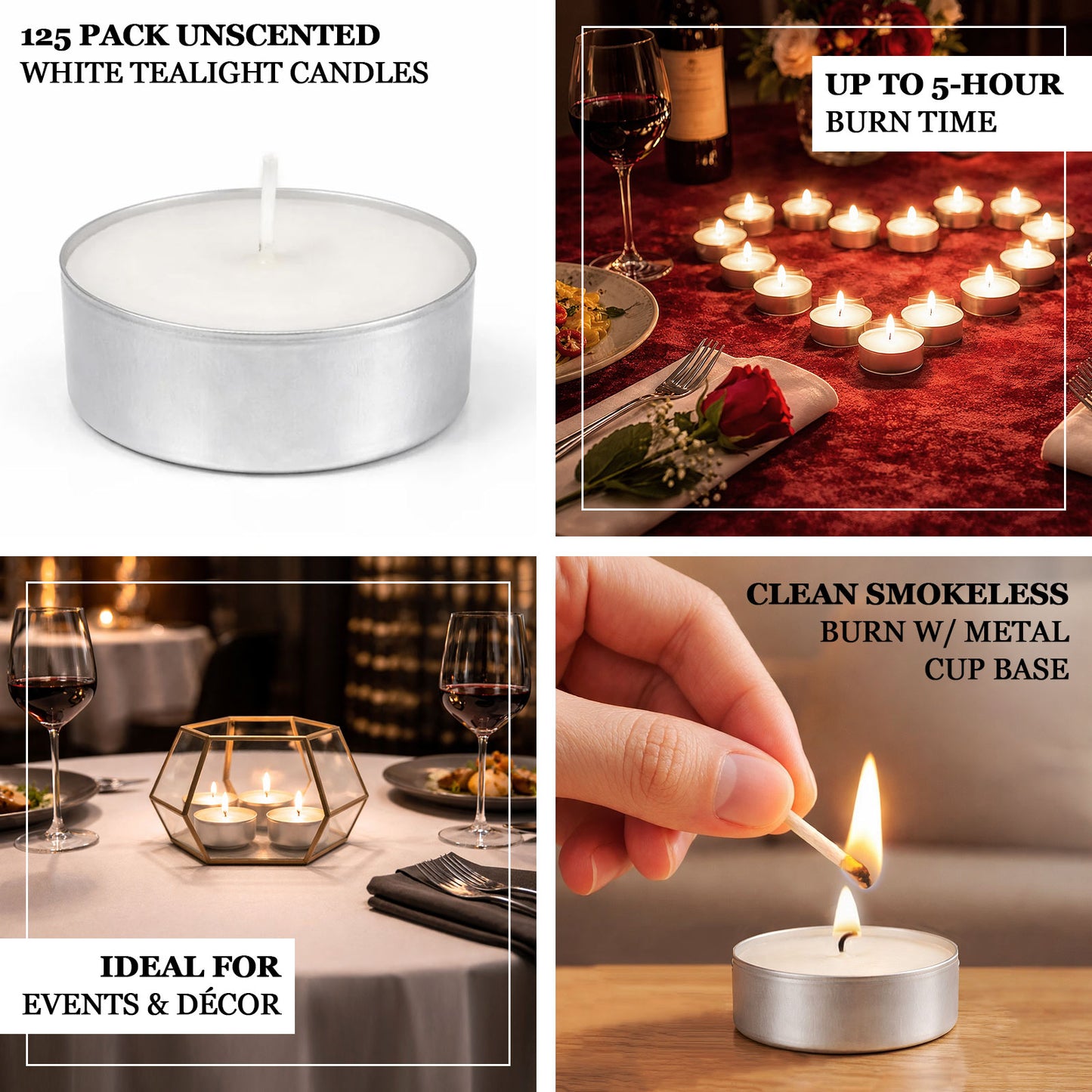 White tealight candles in metal cups, ideal for events and décor.
