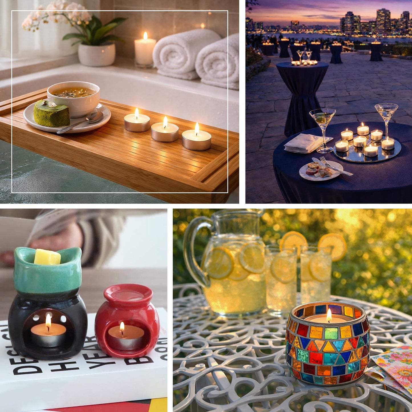 White tealight candles in metal cups, clean burning and unscented.