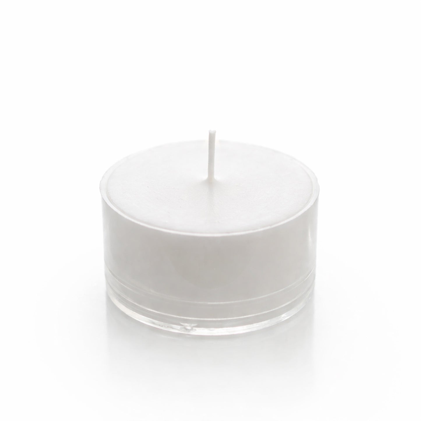 White unscented tealight candle in a clear cup.