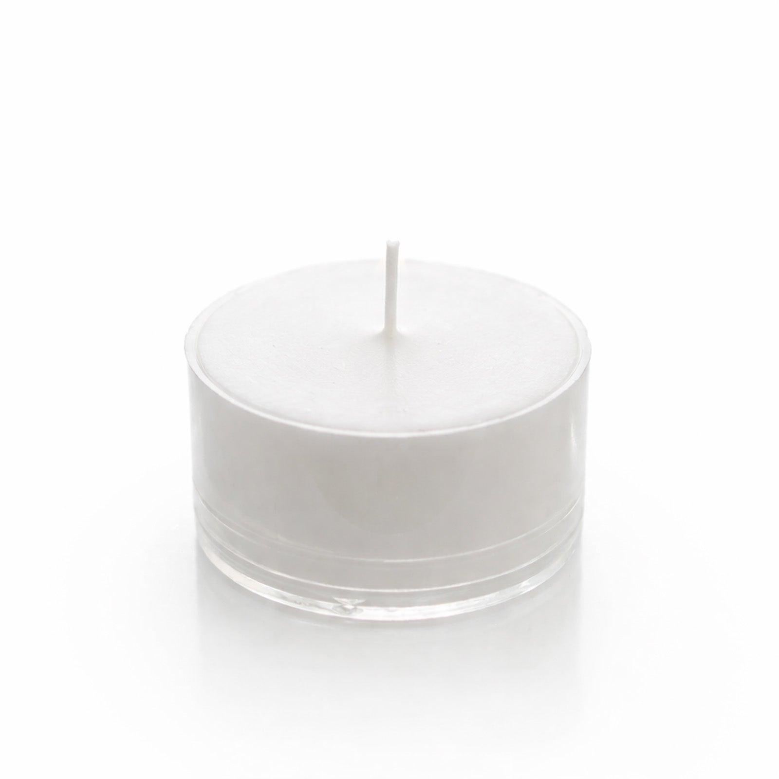 White unscented tealight candle in a clear cup.
