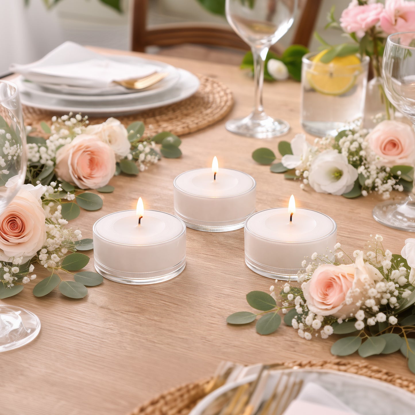 White tealight candles on a dining table with flowers and greenery.