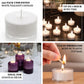 100 pack unscented white tealight candles in clear cups with extended burn time.