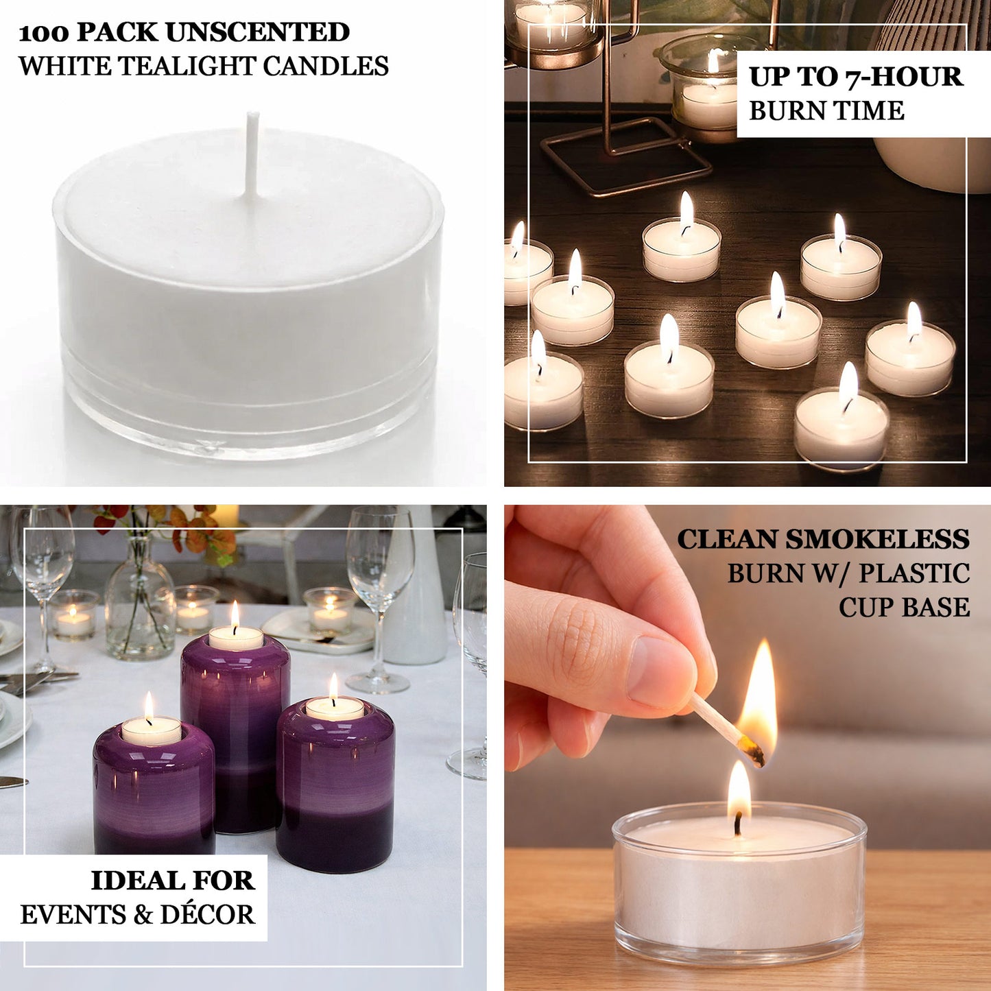 100 pack unscented white tealight candles in clear cups with extended burn time.