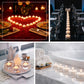 White tealight candles displayed in various elegant settings.
