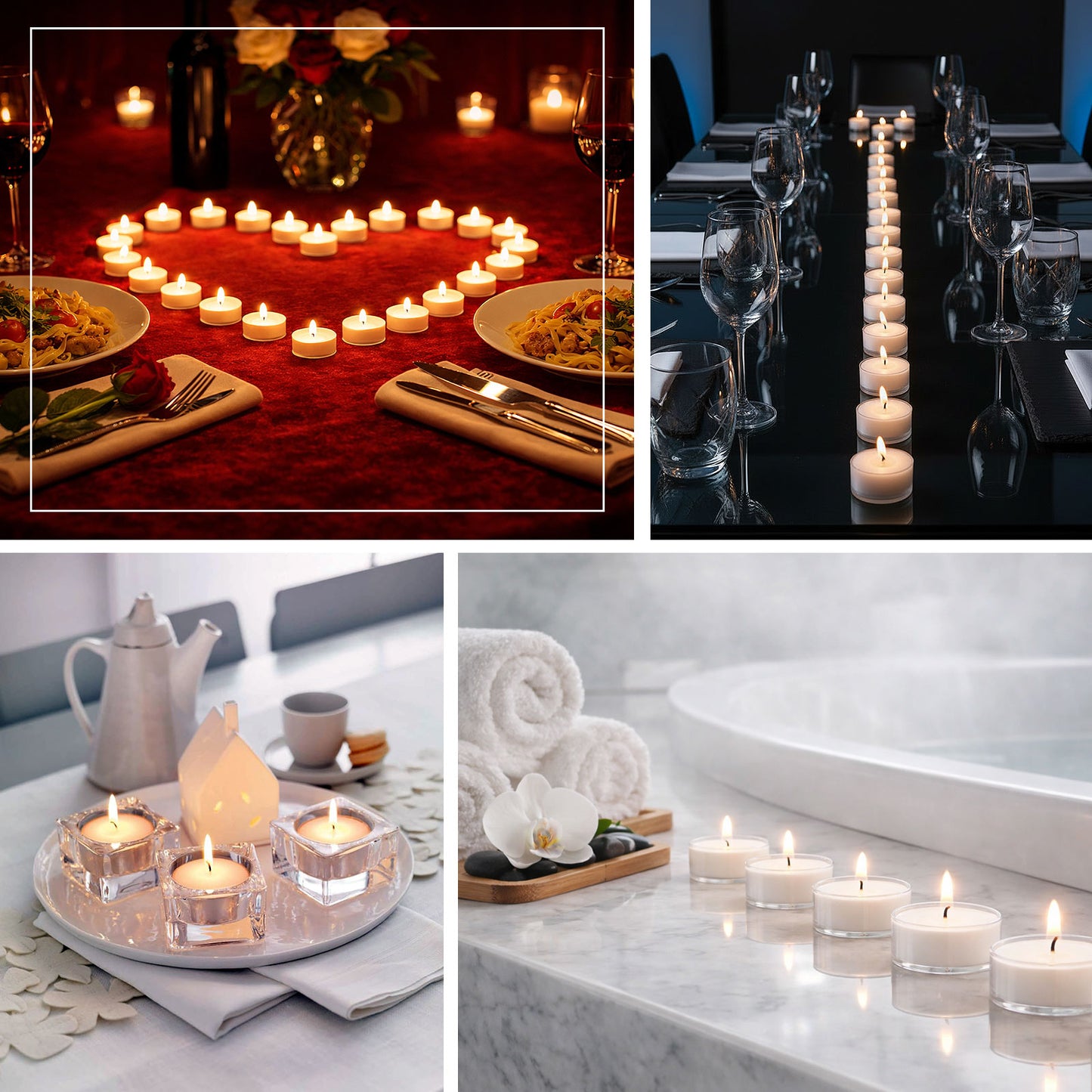 White tealight candles displayed in various elegant settings.