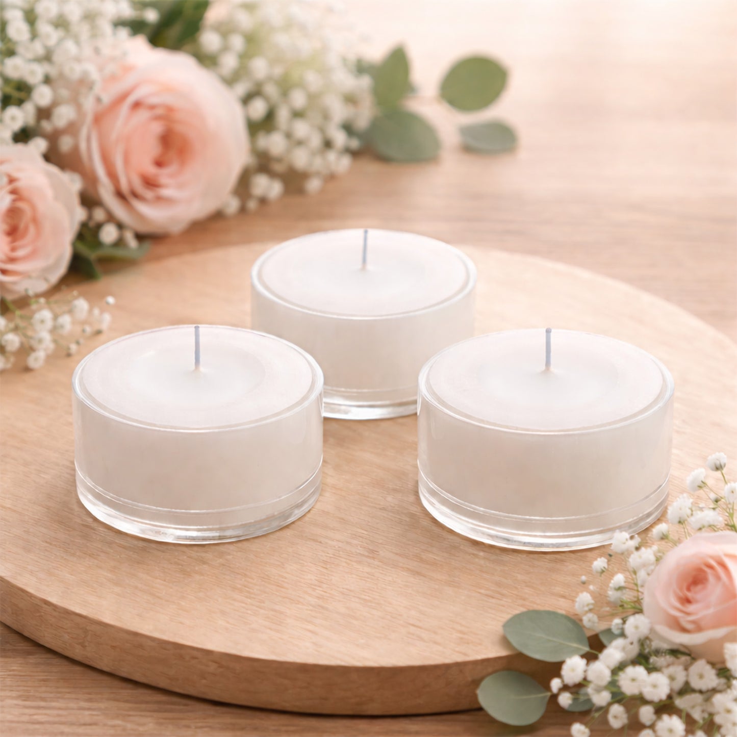 White tealight candles in clear cups on a wooden surface with flowers.