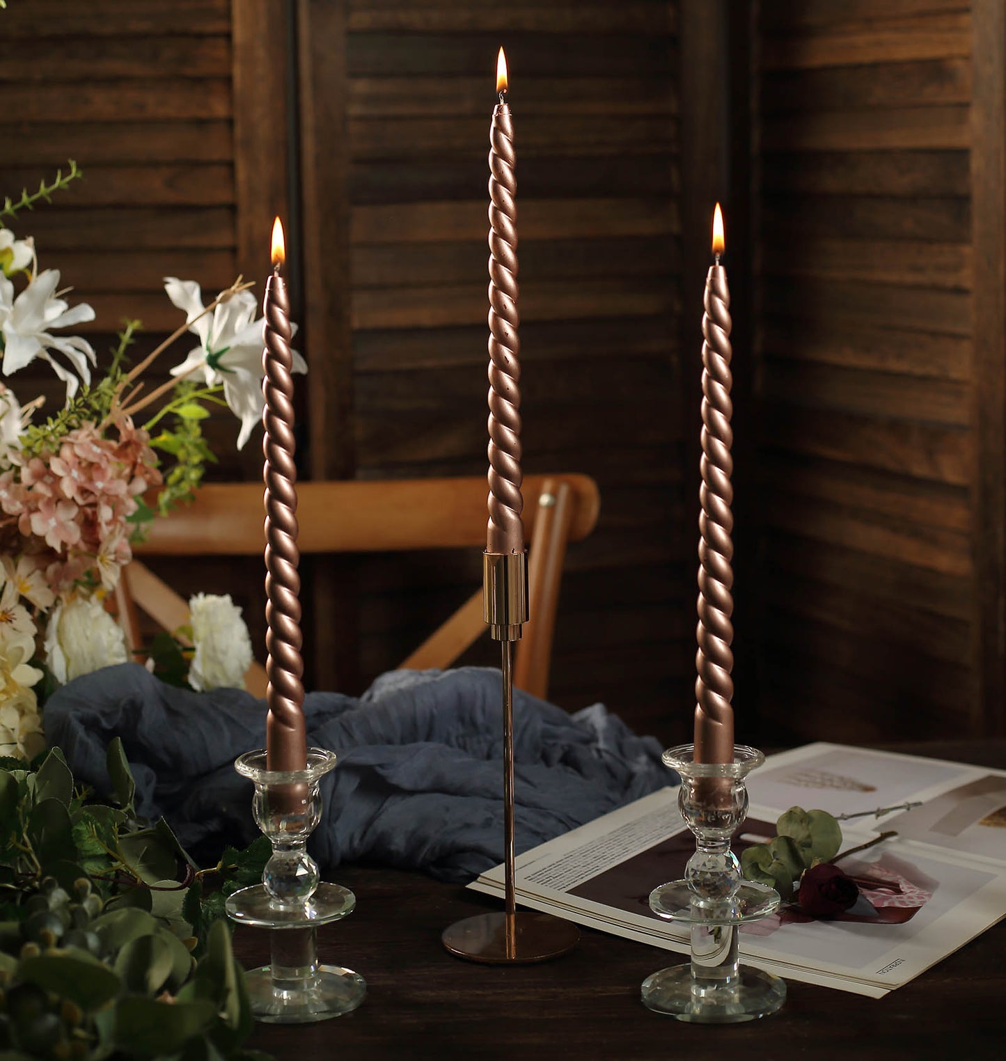 12 Pack 11" Matte Rose Gold Premium Unscented Spiral Wax Taper Candles, Long Burn Wick Dinner Candle Sticks