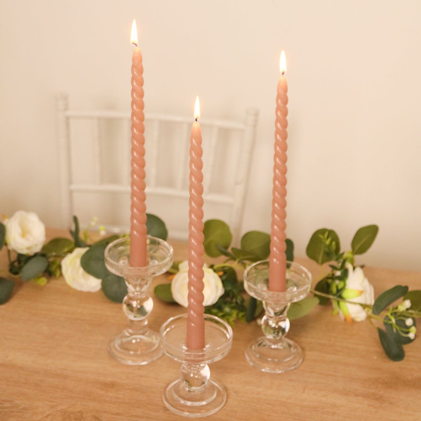 12-Pack Taper Candles Spiral Long Burn Wick Design Dusty Rose - Premium Unscented Wax Dinner Candle Sticks 11"