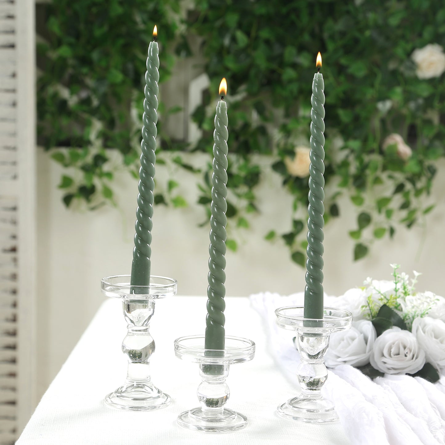 12 Pack 11" Dusty Sage Green Premium Unscented Spiral Wax Taper Candles, Long Burn Wick Dinner Candle Sticks