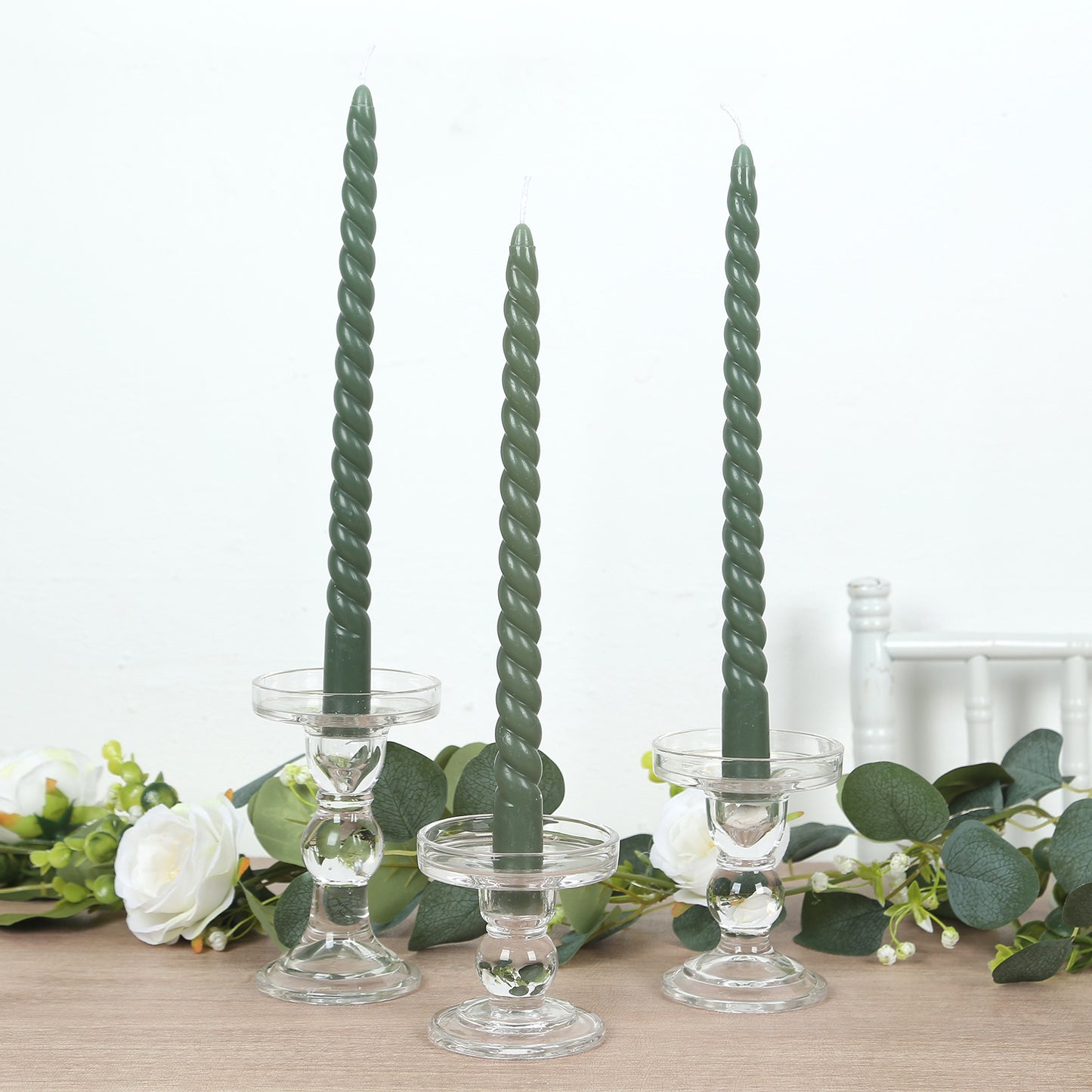 12 Pack 11" Dusty Sage Green Premium Unscented Spiral Wax Taper Candles, Long Burn Wick Dinner Candle Sticks