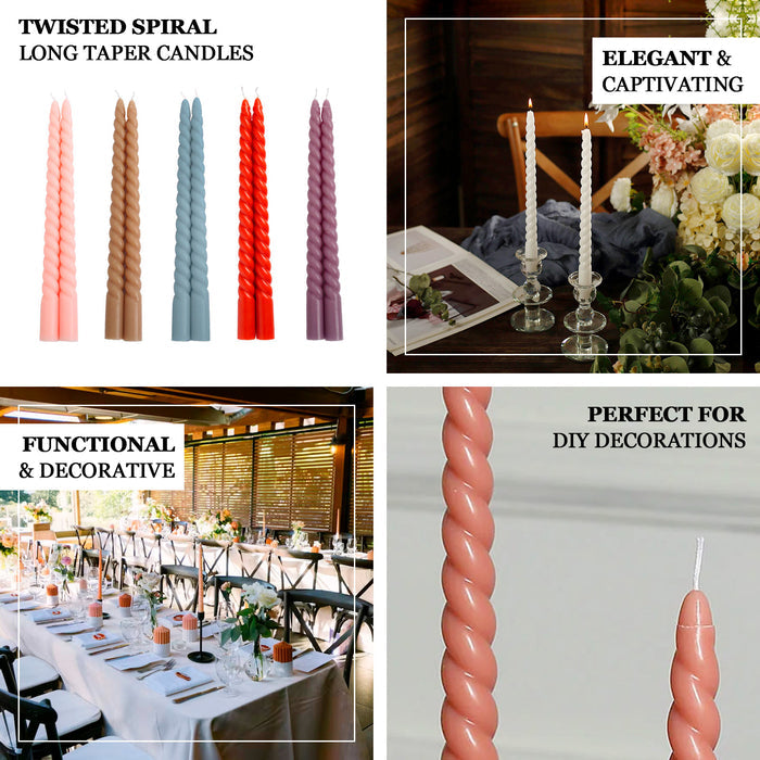 11" Black Premium Unscented Spiral Wax Taper Candles in elegant settings.