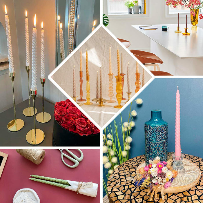 Black spiral wax taper candles in elegant settings.