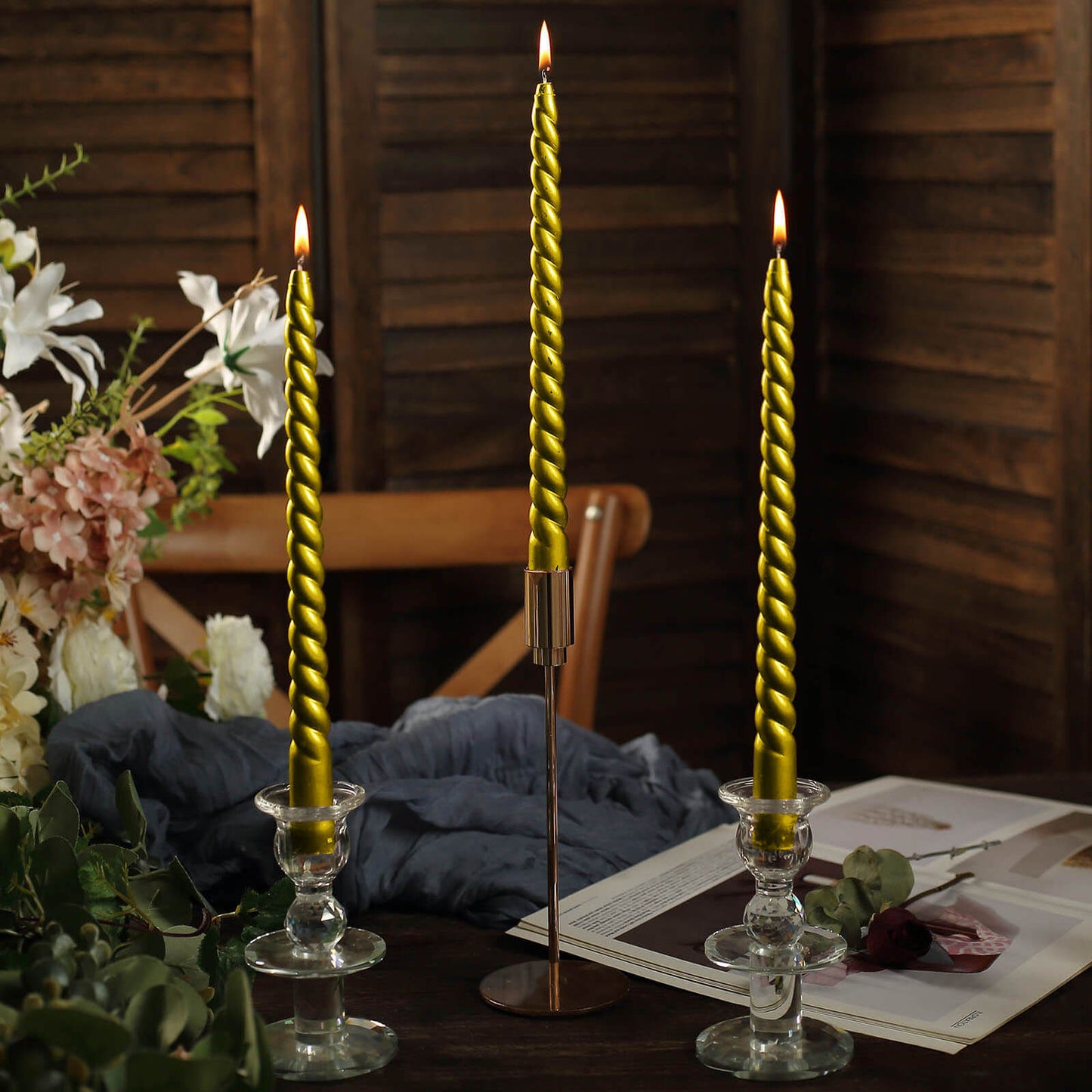 12 Pack 11" Gold Premium Unscented Spiral Wax Taper Candles, Long Burn Wick Dinner Candle Sticks