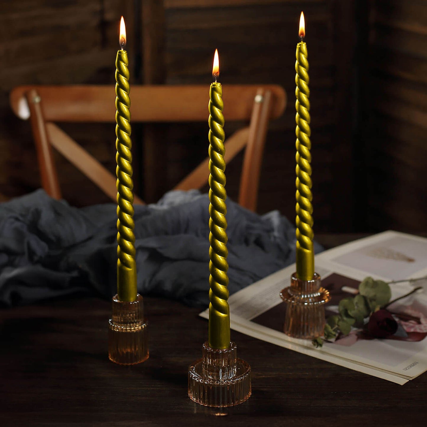 12 Pack 11" Gold Premium Unscented Spiral Wax Taper Candles, Long Burn Wick Dinner Candle Sticks