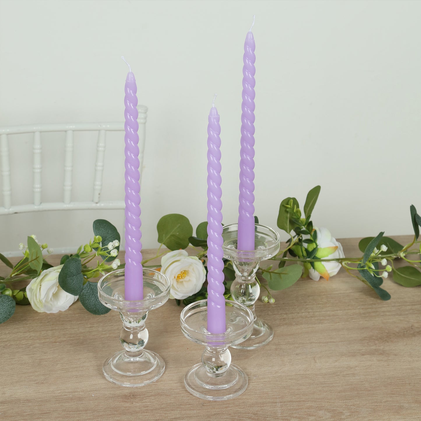 12-Pack Taper Candles Spiral Long Burn Wick Design Lavender Lilac - Premium Unscented Wax Dinner Candle Sticks 11"