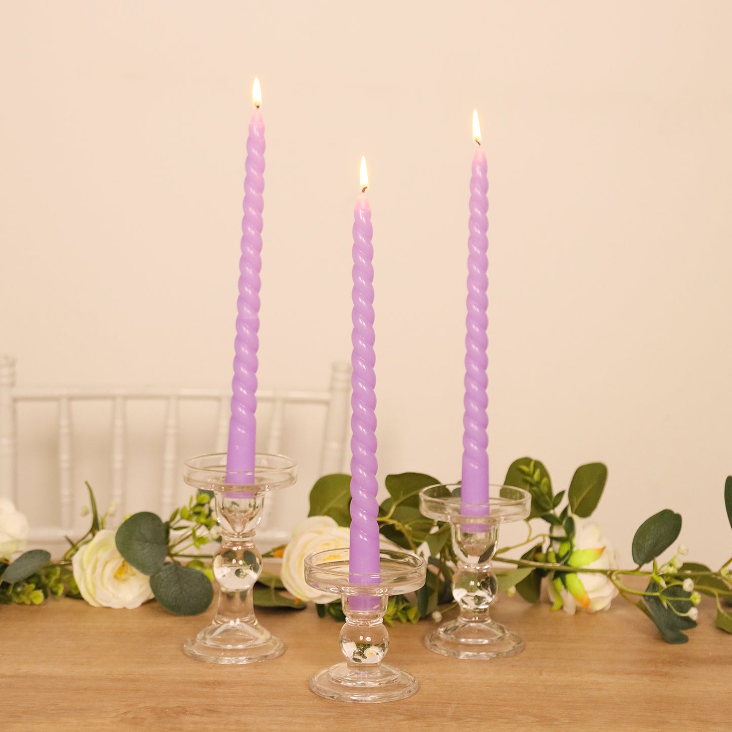 12-Pack Taper Candles Spiral Long Burn Wick Design Lavender Lilac - Premium Unscented Wax Dinner Candle Sticks 11"