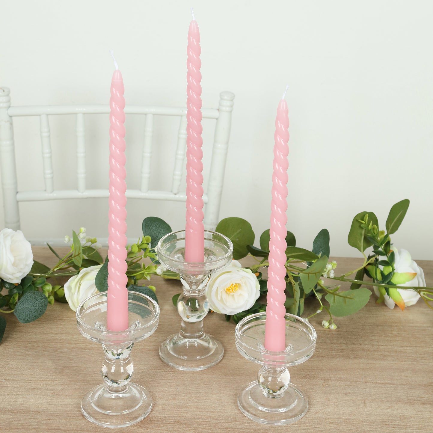 12-Pack Taper Candles Spiral Long Burn Wick Design Pink - Premium Unscented Wax Dinner Candle Sticks 11"