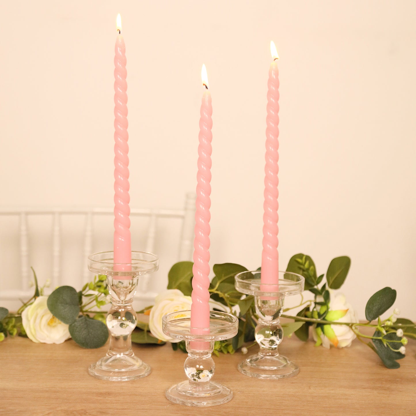 12-Pack Taper Candles Spiral Long Burn Wick Design Pink - Premium Unscented Wax Dinner Candle Sticks 11"