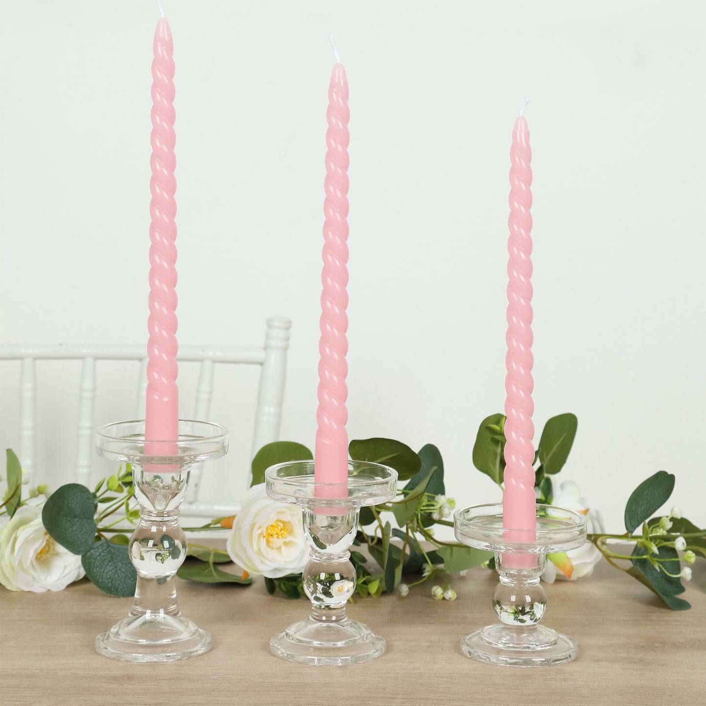 12-Pack Taper Candles Spiral Long Burn Wick Design Pink - Premium Unscented Wax Dinner Candle Sticks 11"