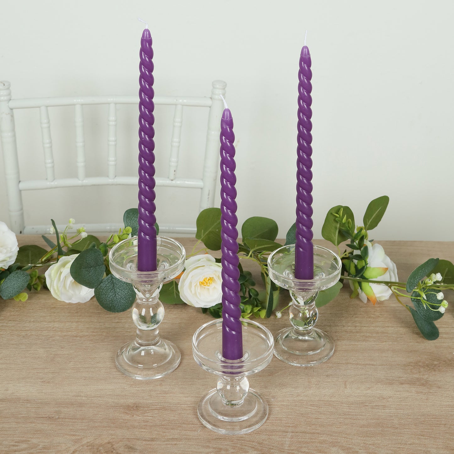 12-Pack Taper Candles Spiral Long Burn Wick Design Purple - Premium Unscented Wax Dinner Candle Sticks 11"
