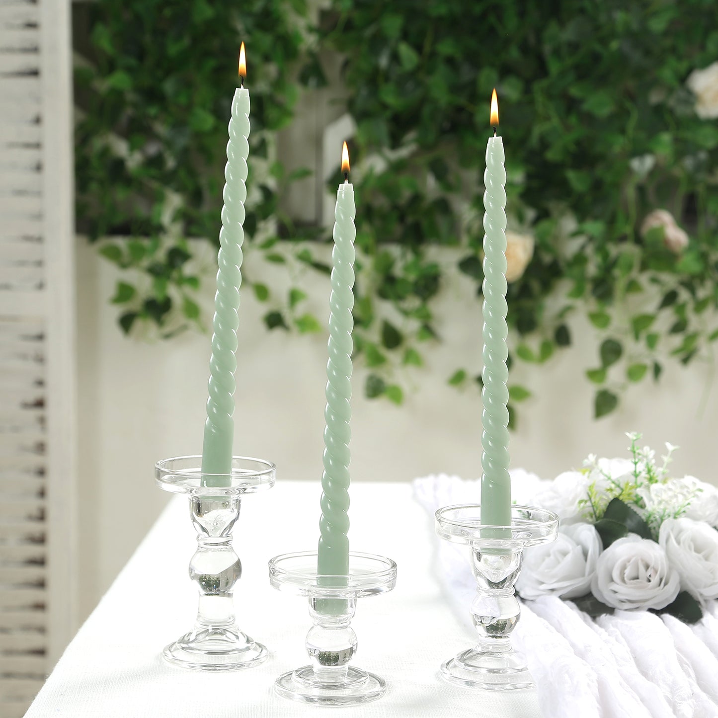 12 Pack 11" Sage Green Premium Unscented Spiral Wax Taper Candles, Long Burn Wick Dinner Candle Sticks