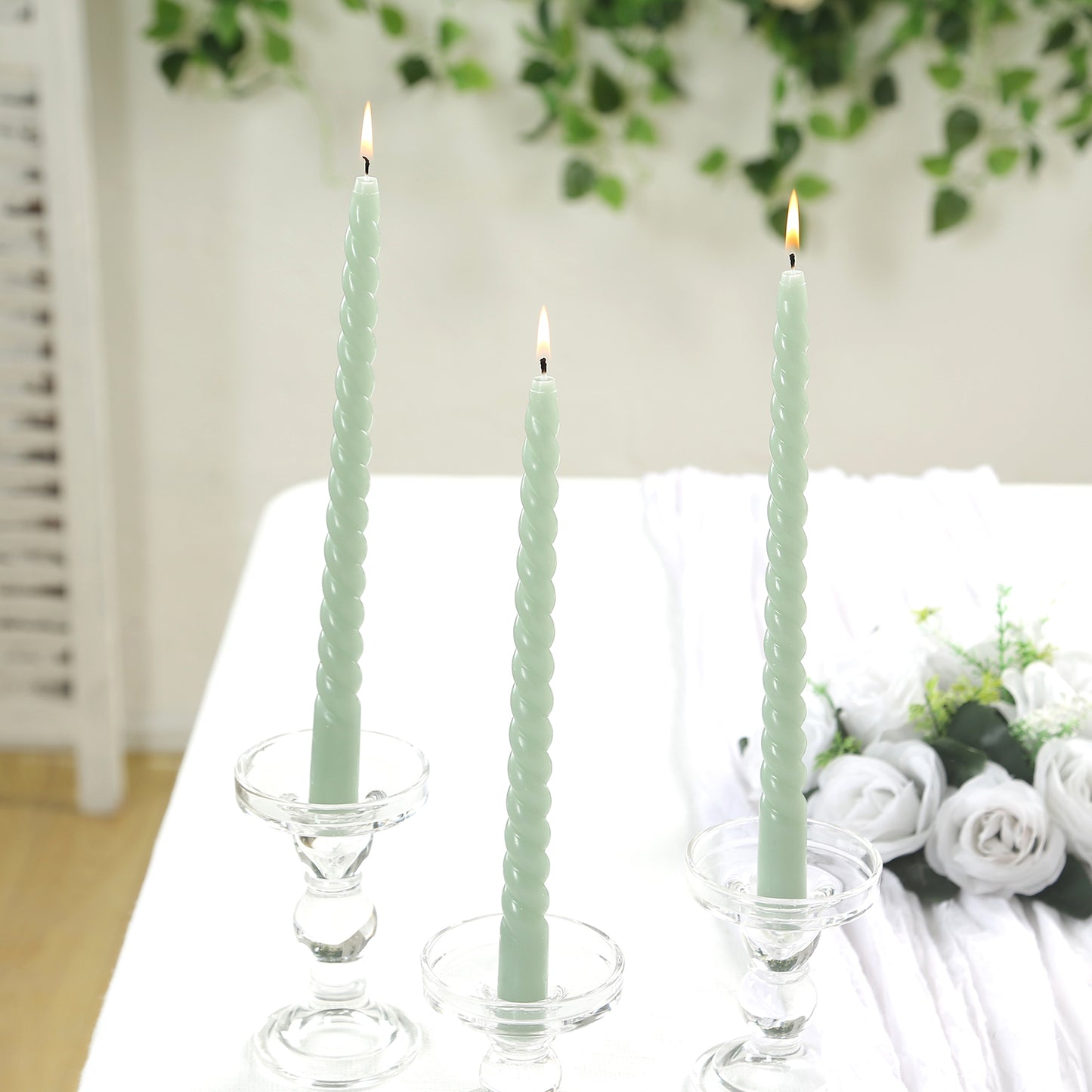 12 Pack 11" Sage Green Premium Unscented Spiral Wax Taper Candles, Long Burn Wick Dinner Candle Sticks