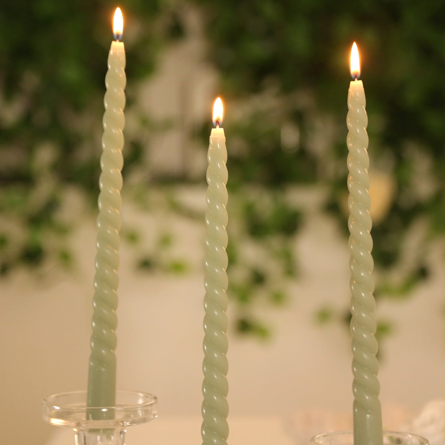 12 Pack 11" Sage Green Premium Unscented Spiral Wax Taper Candles, Long Burn Wick Dinner Candle Sticks