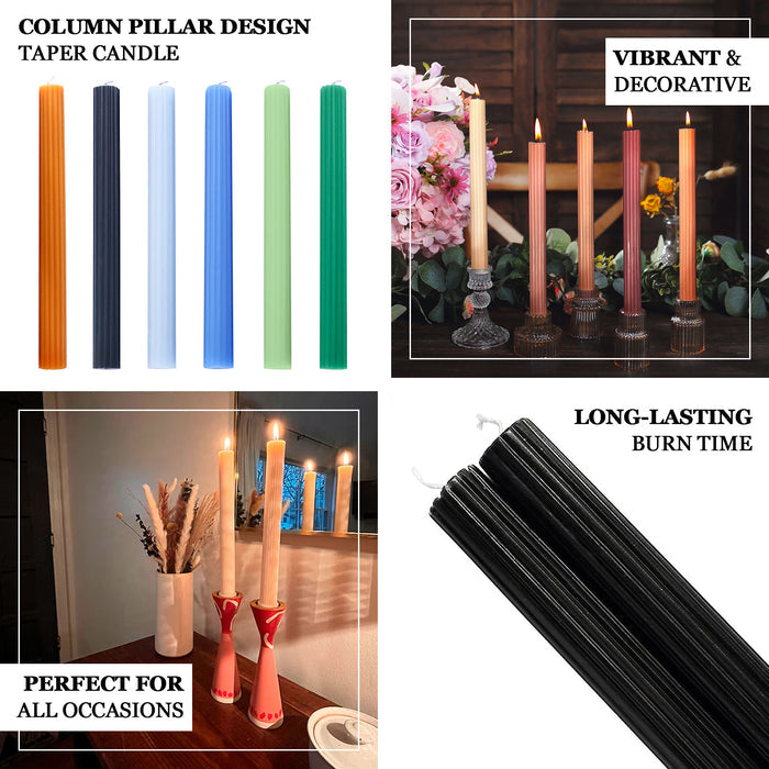 5 Pack | 9" Black Premium Unscented Ribbed Wax Taper Candles, Tall Real Wick Ribbon Dinner Candles