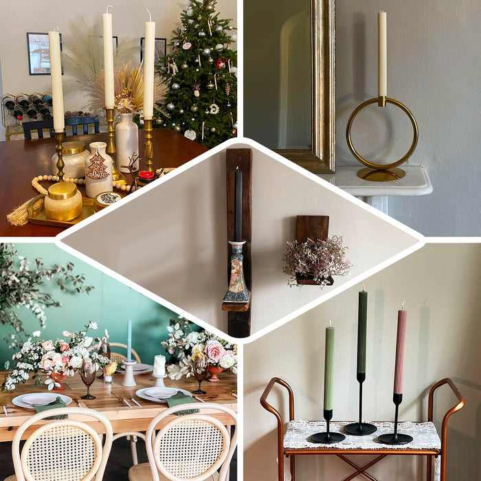 5 Pack | 9" Gold Premium Unscented Ribbed Wax Taper Candles, Tall Real Wick Ribbon Dinner Candles