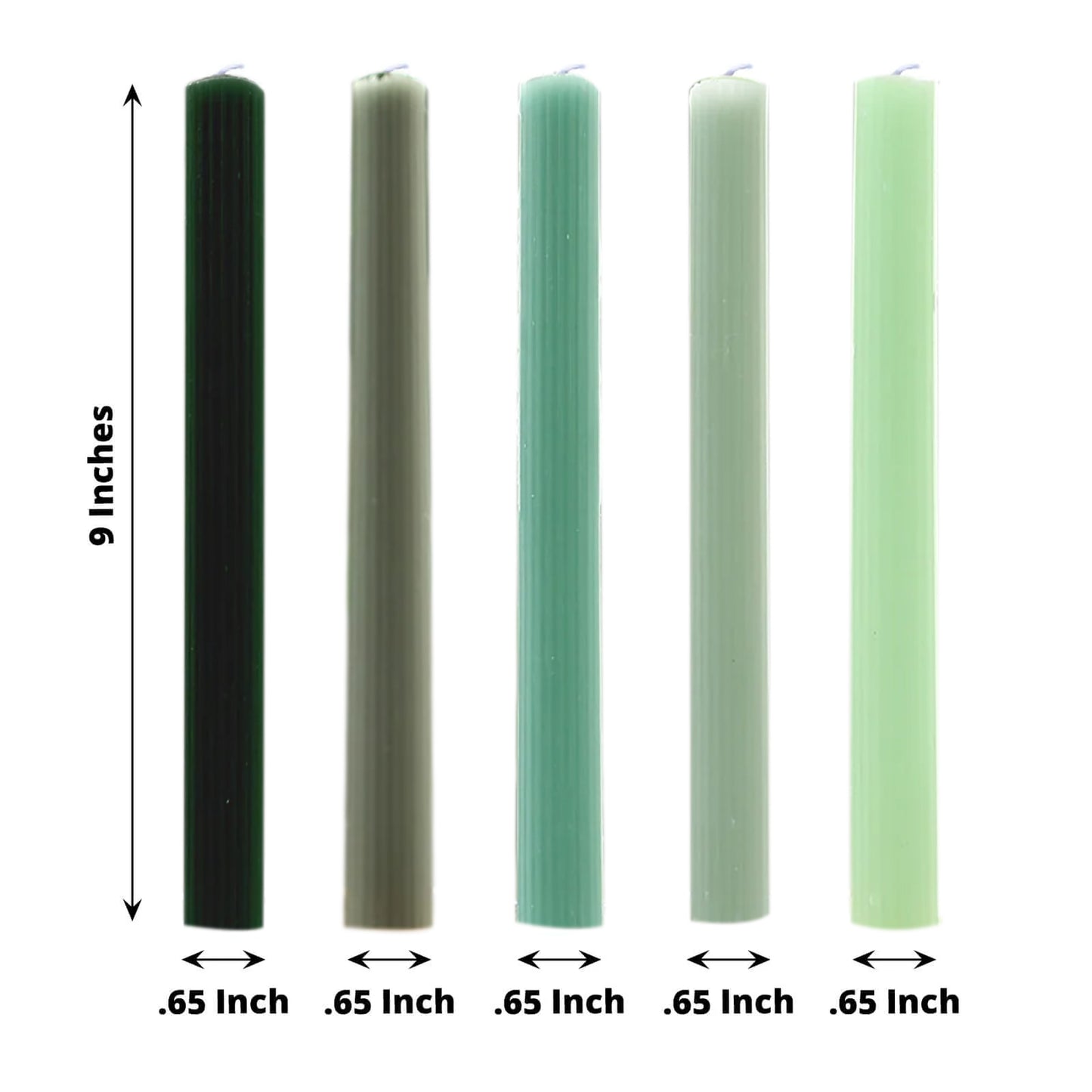 5 Pack 9" Assorted Sage Green Premium Unscented Ribbed Wax Taper Candles, Tall Real Wick Ribbon Dinner Candles