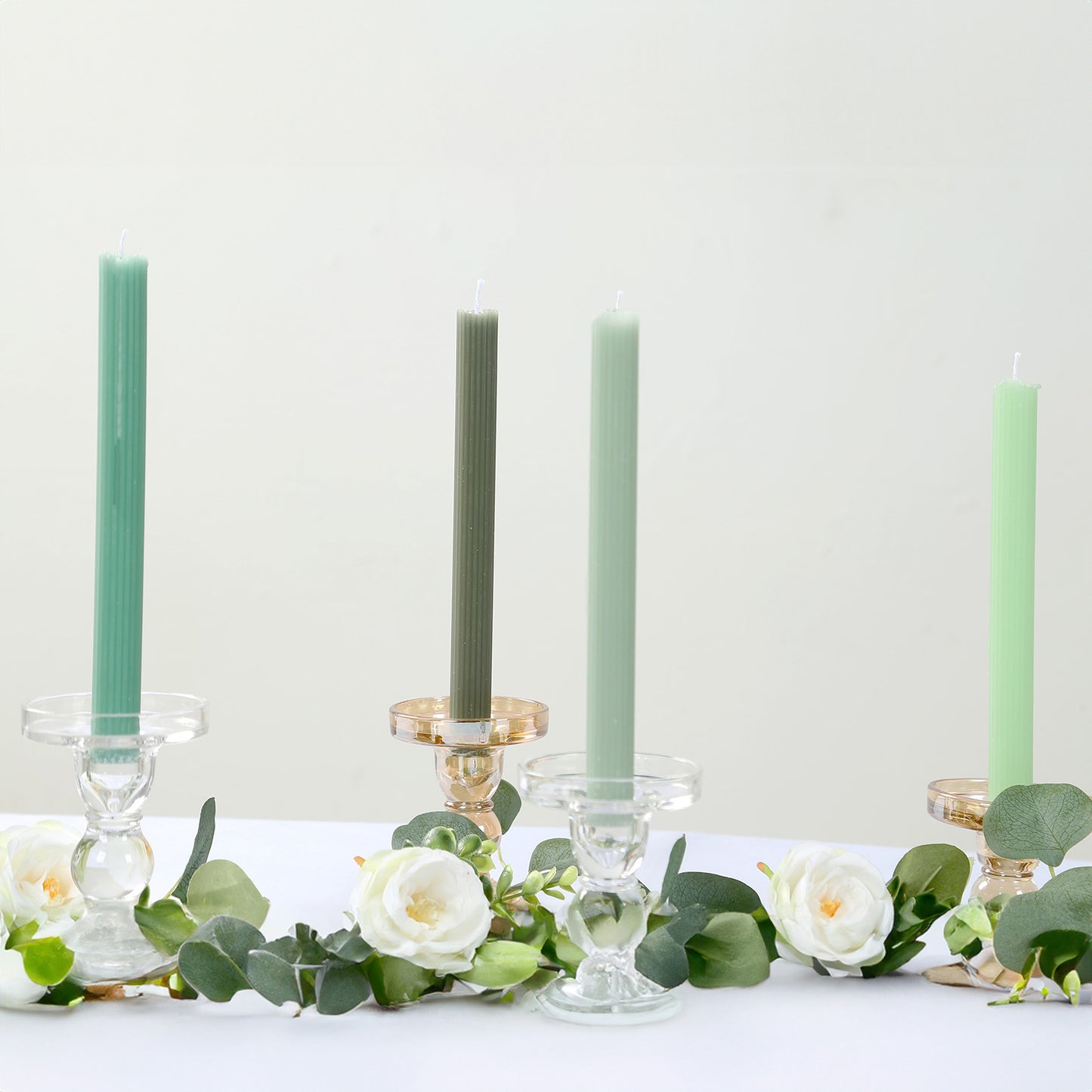 5 Pack 9" Assorted Sage Green Premium Unscented Ribbed Wax Taper Candles, Tall Real Wick Ribbon Dinner Candles
