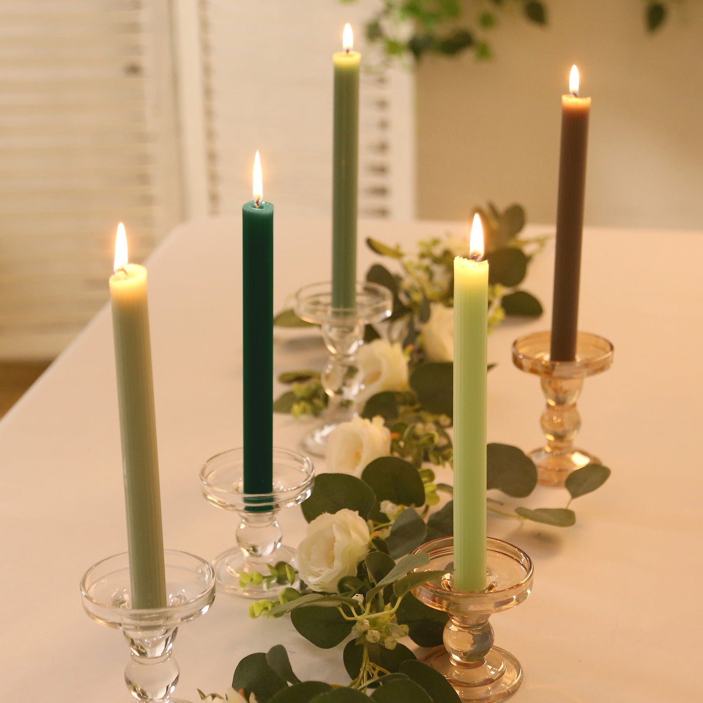 5 Pack 9" Assorted Sage Green Premium Unscented Ribbed Wax Taper Candles, Tall Real Wick Ribbon Dinner Candles