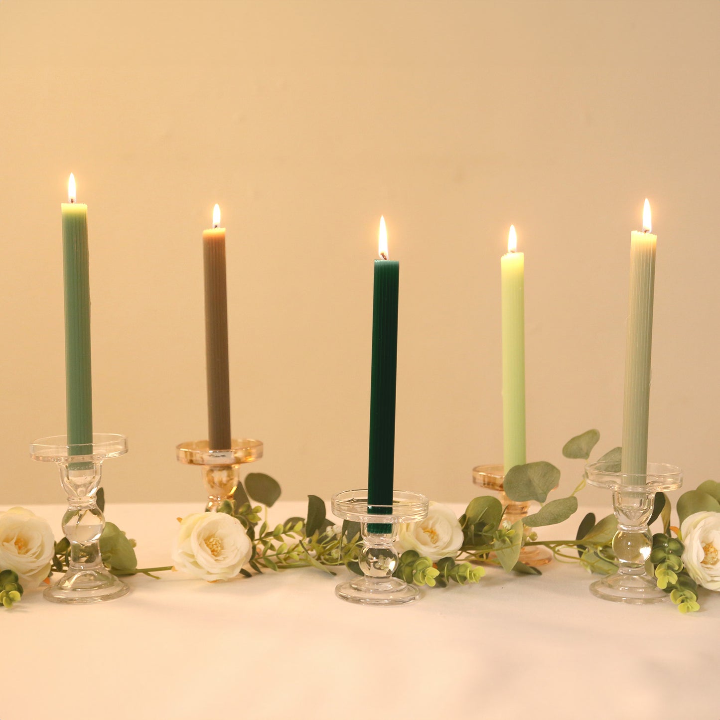 5 Pack 9" Assorted Sage Green Premium Unscented Ribbed Wax Taper Candles, Tall Real Wick Ribbon Dinner Candles