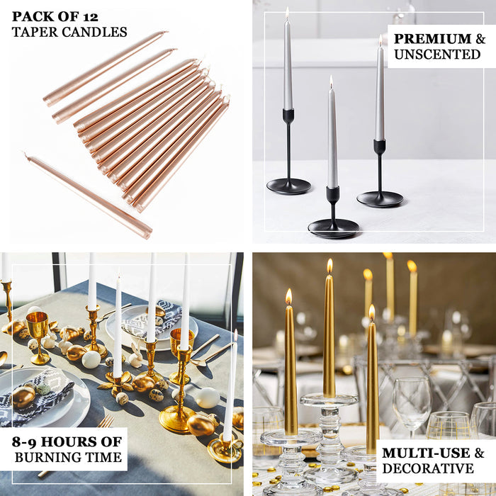 12 Pack | Metallic Gold 10" Premium Wax Taper Candles, Unscented Candles