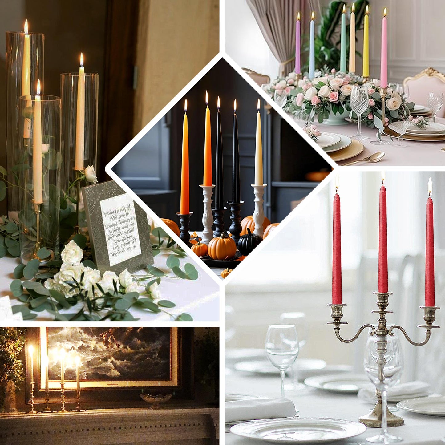 Red taper candles in various elegant settings.