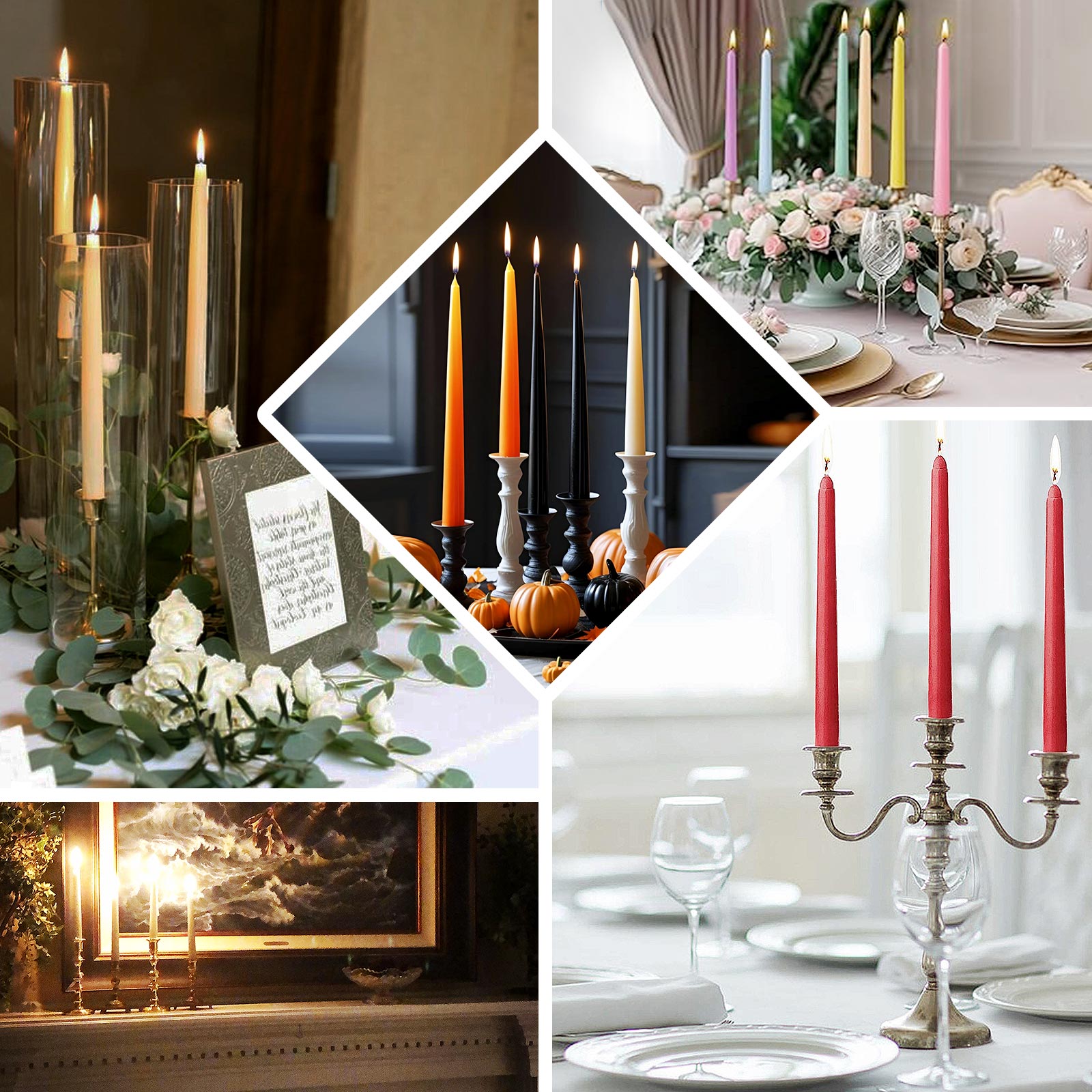 Red taper candles in various elegant settings.
