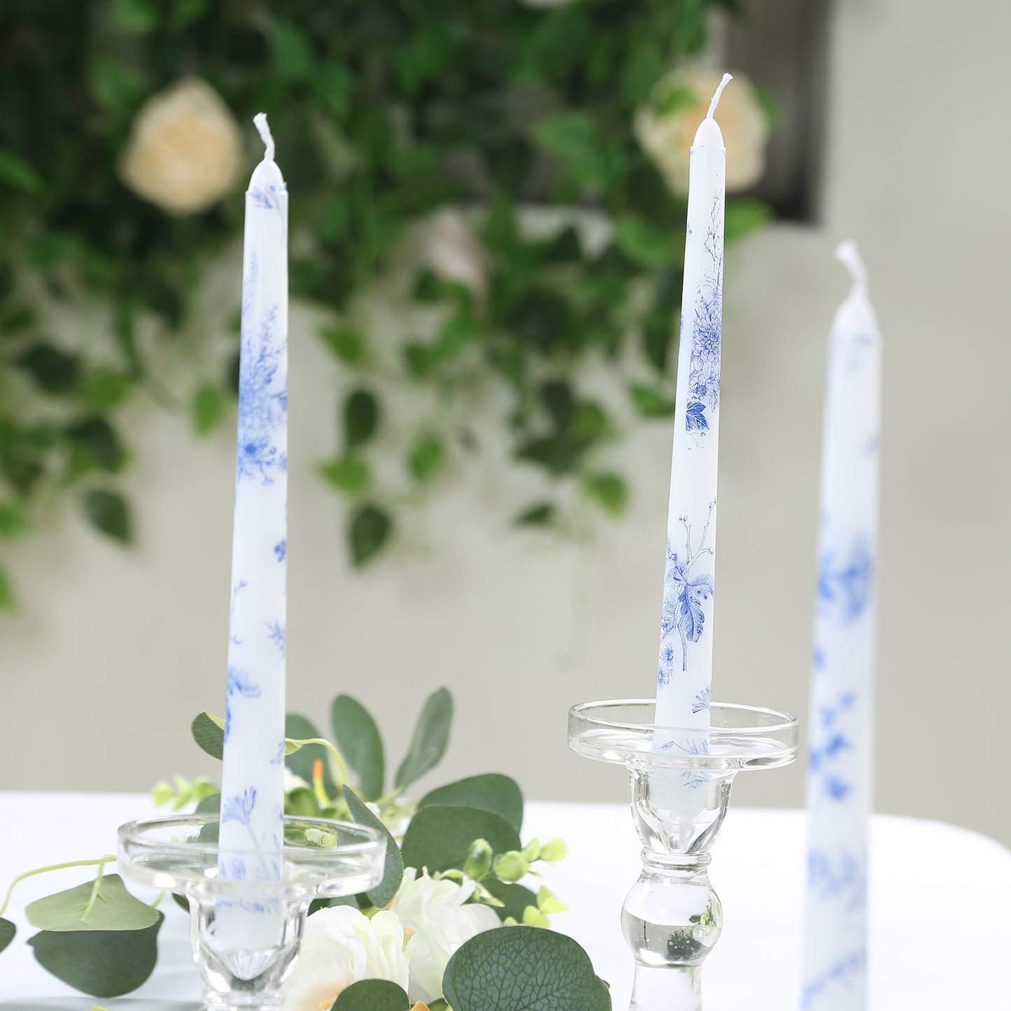 12 Pack 10" French Toile Wax Taper Candles White and Blue Unscented Candles