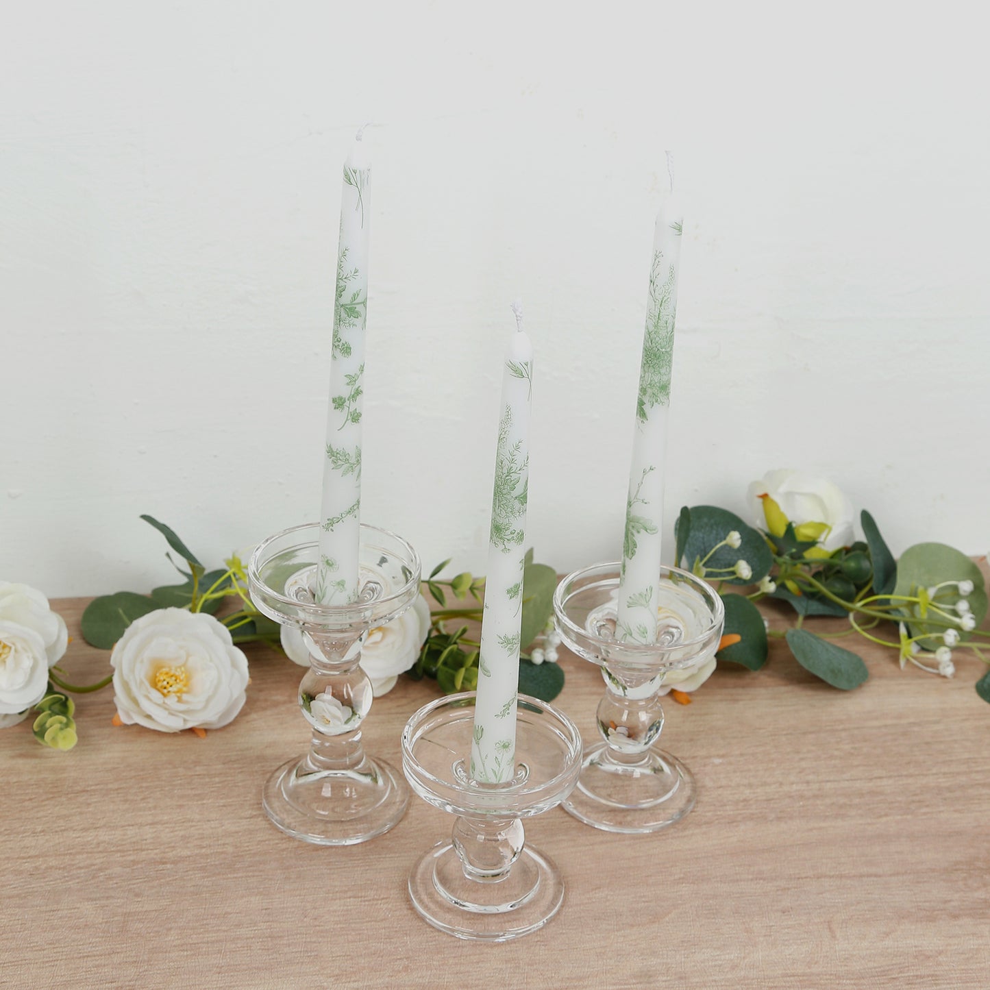 12 Pack 10" French Toile Wax Taper Candles White and Sage Green Unscented Candles