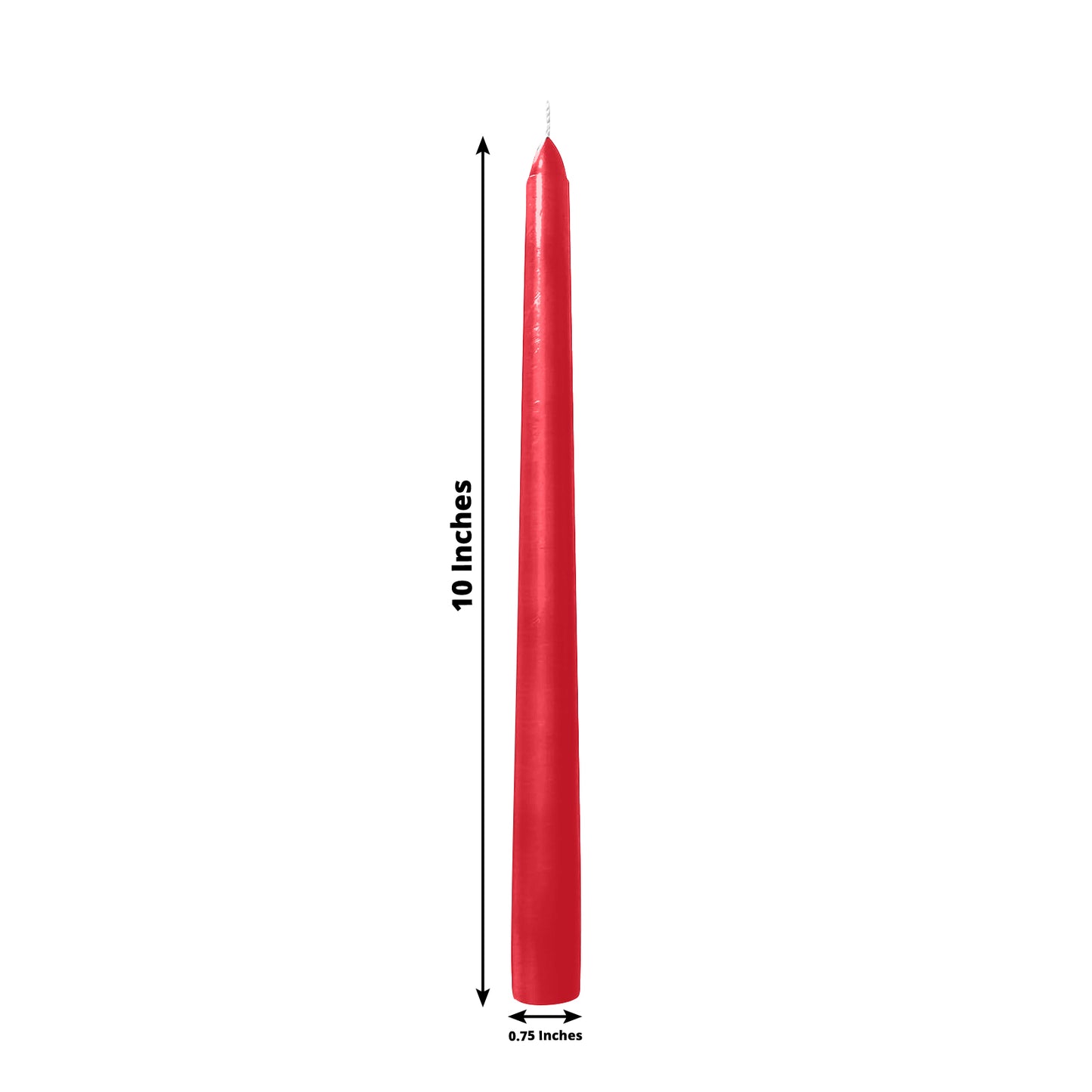 Metallic red 10-inch premium wax taper candle, unscented.