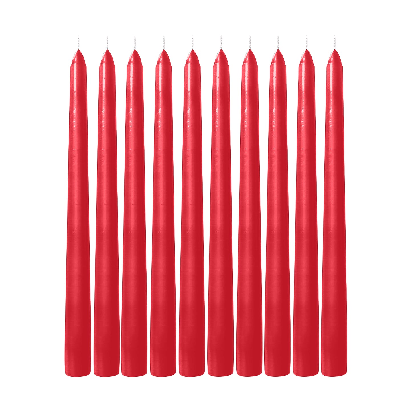 Metallic red 10" premium wax taper candles, unscented, 12 pack.