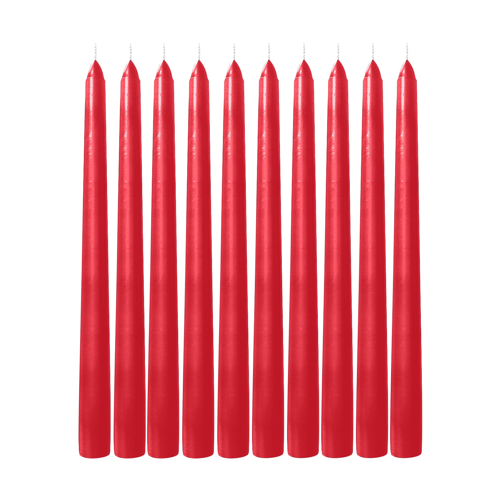 Metallic red 10" premium wax taper candles, unscented, 12 pack.