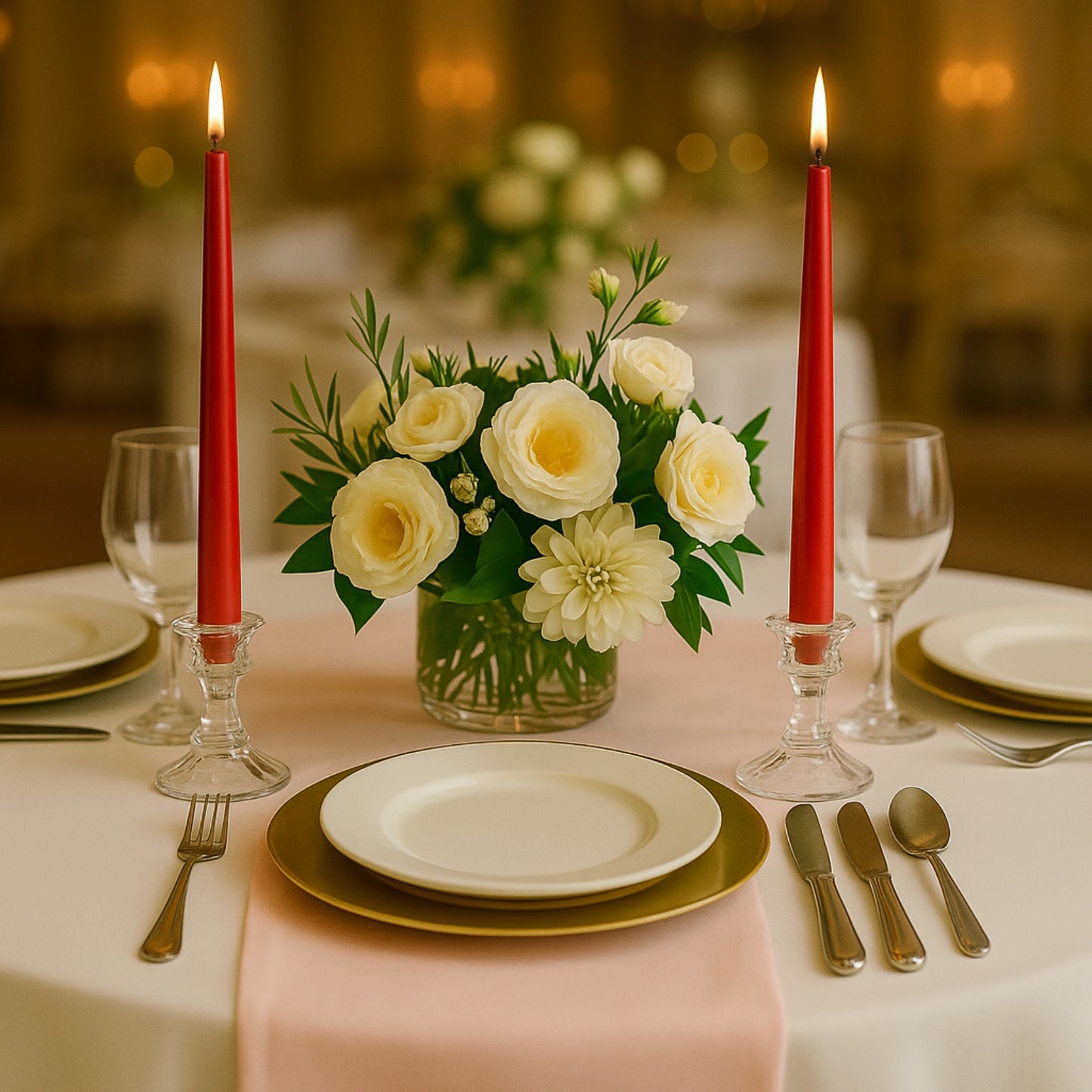 Red premium wax taper candles on an elegantly set dining table.