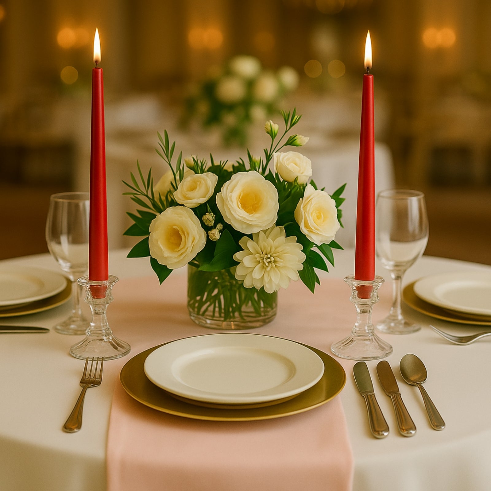 Red premium wax taper candles on an elegantly set dining table.