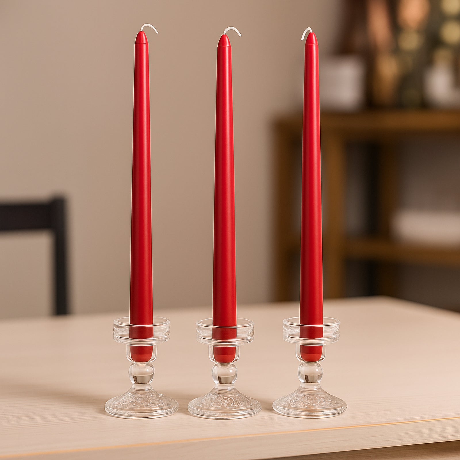 Red premium wax taper candles in clear holders on a table.