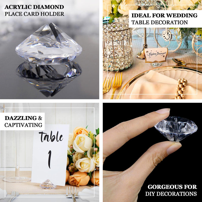 Clear plastic diamond-shaped place card holder for wedding table decorations.