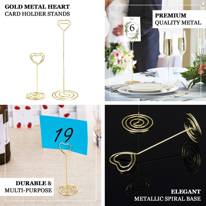 Gold metal heart card holder stands for table numbers and place cards.