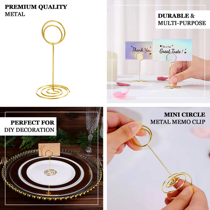 10 Pack | Gold Metal 3.5" Mini Circle Card Holder Stands, Hoop Table Number Stands, Wedding Table Place Card Menu Clips