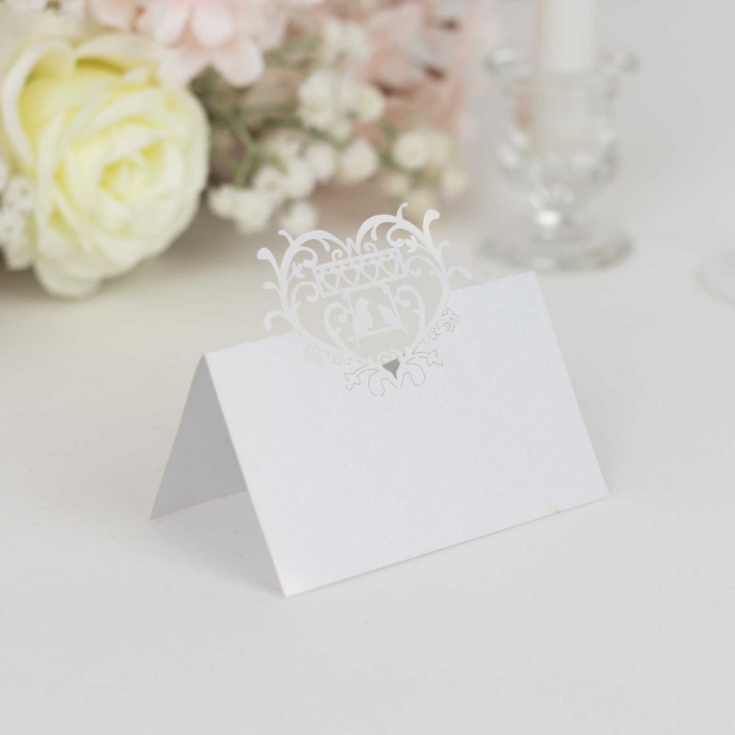50 Pack White Wedding Table Number Cards with Laser Cut Hollow Heart Design Top, Printable Reservation Seating Name Place Cards - 210 GSM