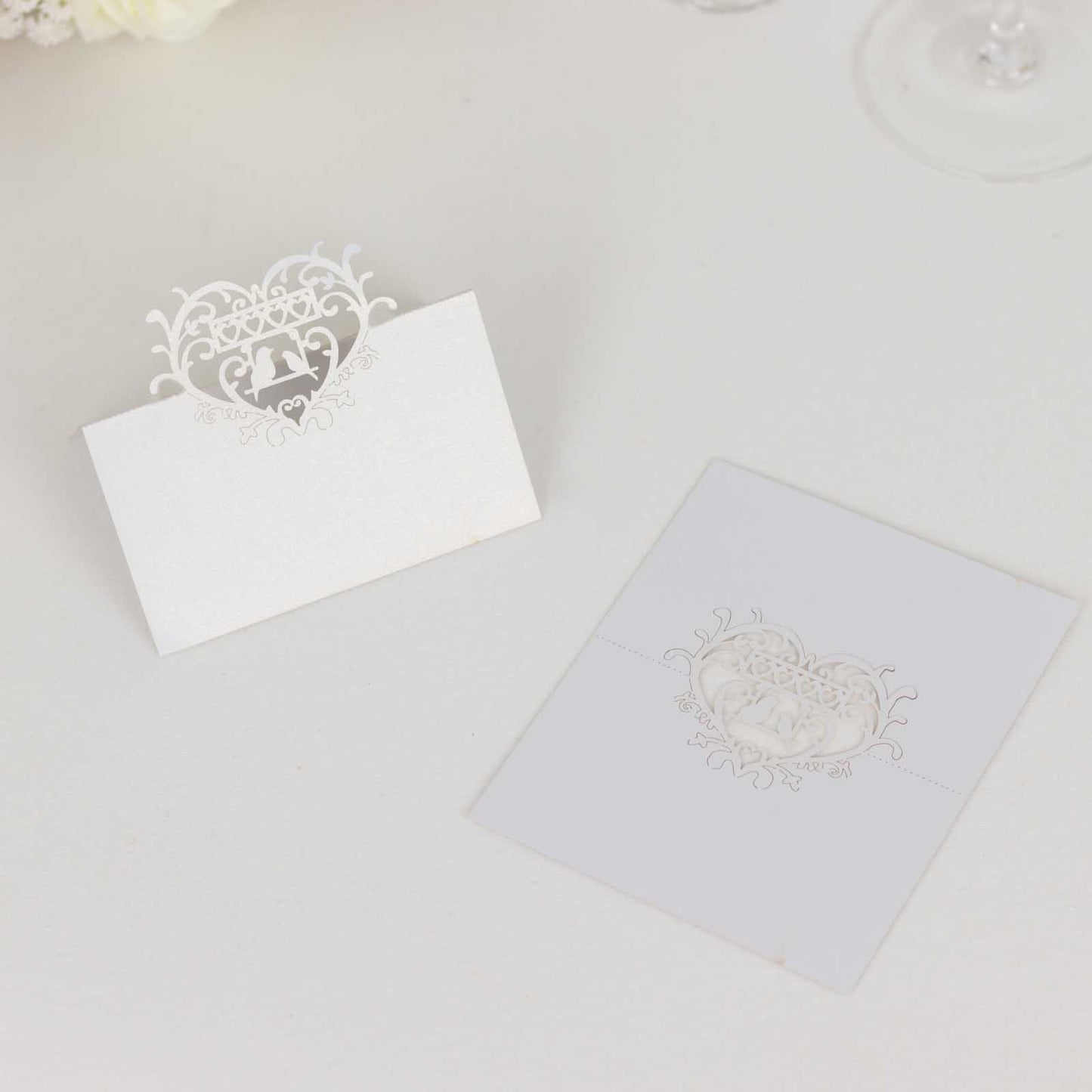 50 Pack White Wedding Table Number Cards with Laser Cut Hollow Heart Design Top, Printable Reservation Seating Name Place Cards - 210 GSM